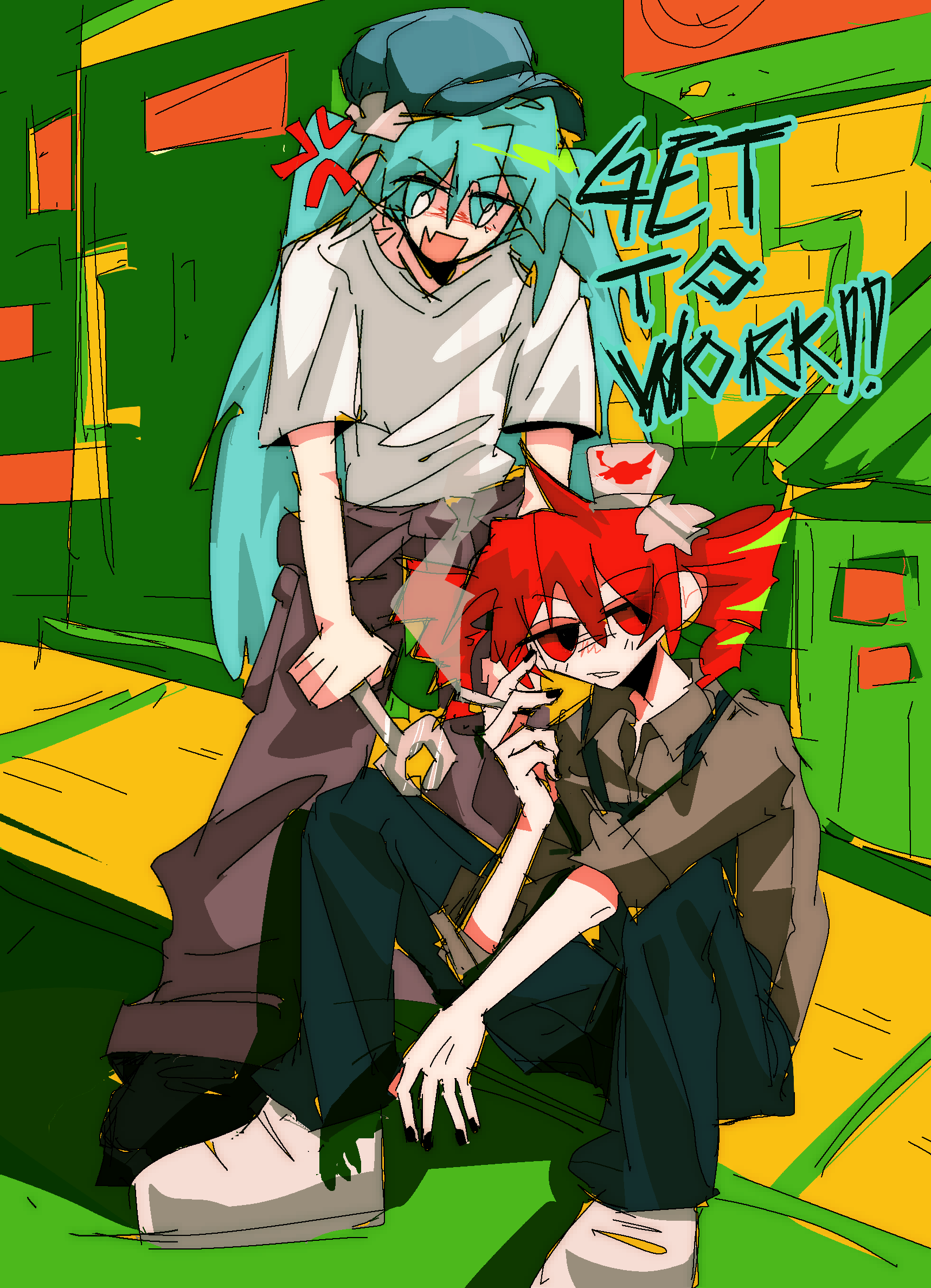 tree qwq, hatsune miku, kasane teto, utau, vocaloid, highres, 2girls, ahoge, anger vein, aqua eyes, aqua hair, arm between legs, baseball cap, brown pants, brown shirt, cigarette, drill hair, english text, hair between eyes, hat, holding, holding cigarette, holding wrench, looking at another, looking to the side, multiple girls, on ground, open mouth, pants, red eyes, red hair, shirt, short sleeves, sitting, sketch, sketch background, smile, smoking, twin drills, white shirt, wrench