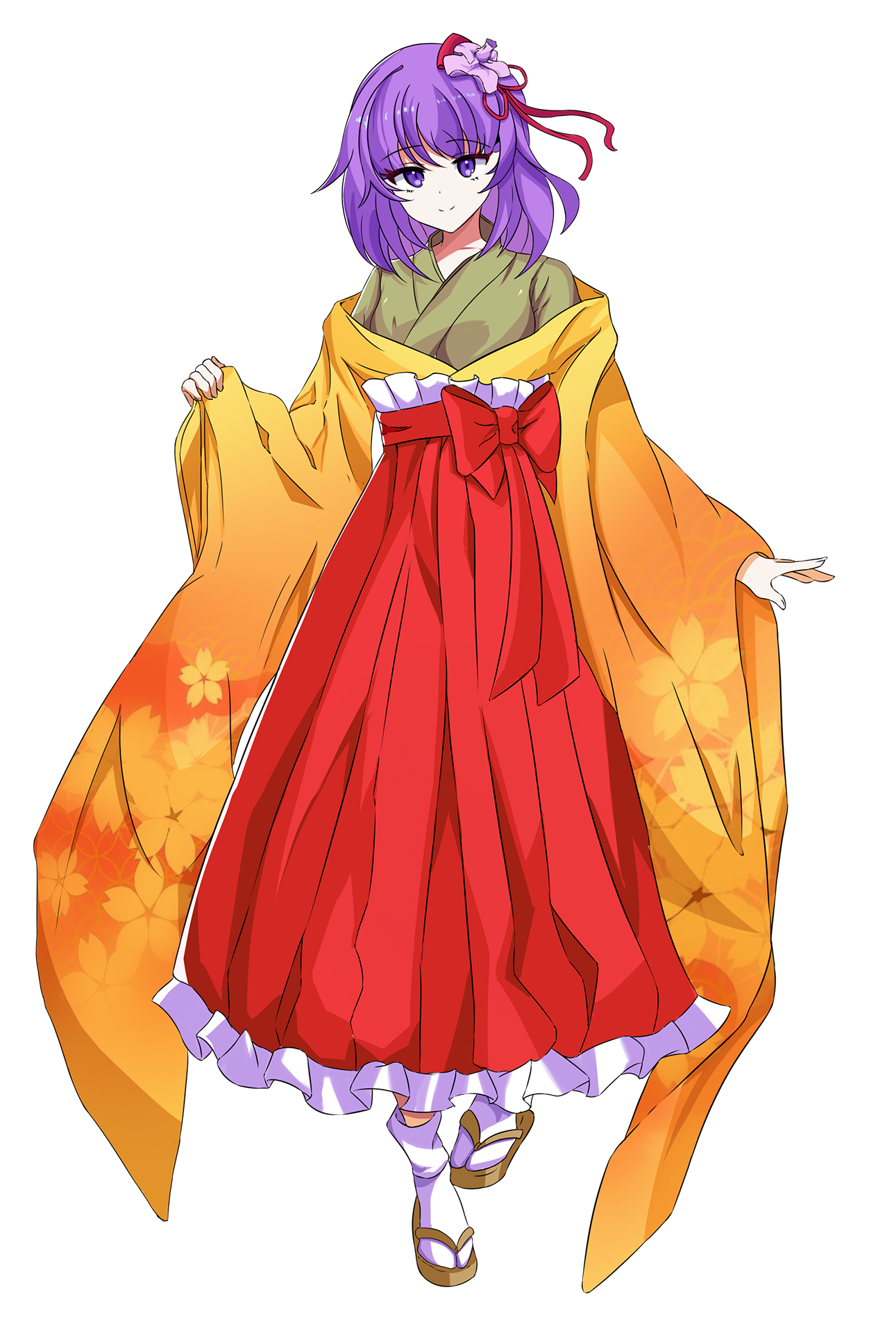 hieda no akyuu, touhou, artist request, commentary, commentary request, commission, english commentary, highres, mixed-language commentary, psd available, second-party source, 1girl, closed mouth, flower, full body, green kimono, hair flower, hair ornament, hakama, hakama skirt, japanese clothes, kimono, layered kimono, long hair, long sleeves, looking at viewer, petal print, print kimono, purple eyes, purple hair, red hakama, sandals, skirt, smile, socks, solo, tachi-e, transparent background, white socks, wide sleeves, yellow kimono, zouri