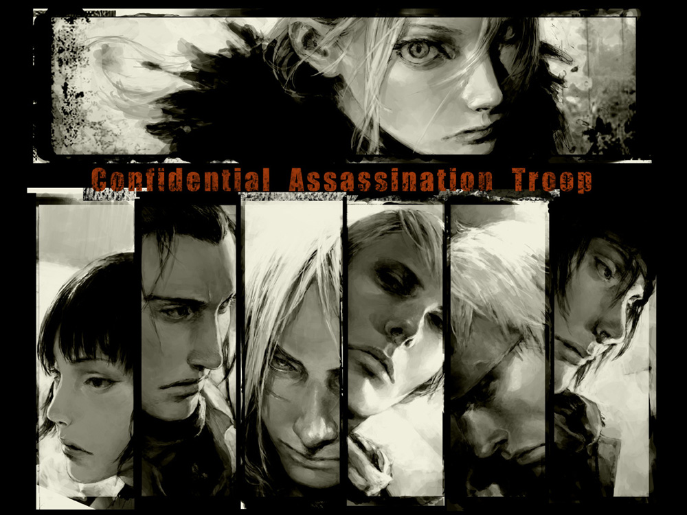 fcp, cat (confidential assassination troop), confidential assassination troop, 2girls, 5boys, everyone, monochrome, multiple boys, multiple girls, sepia, spot color