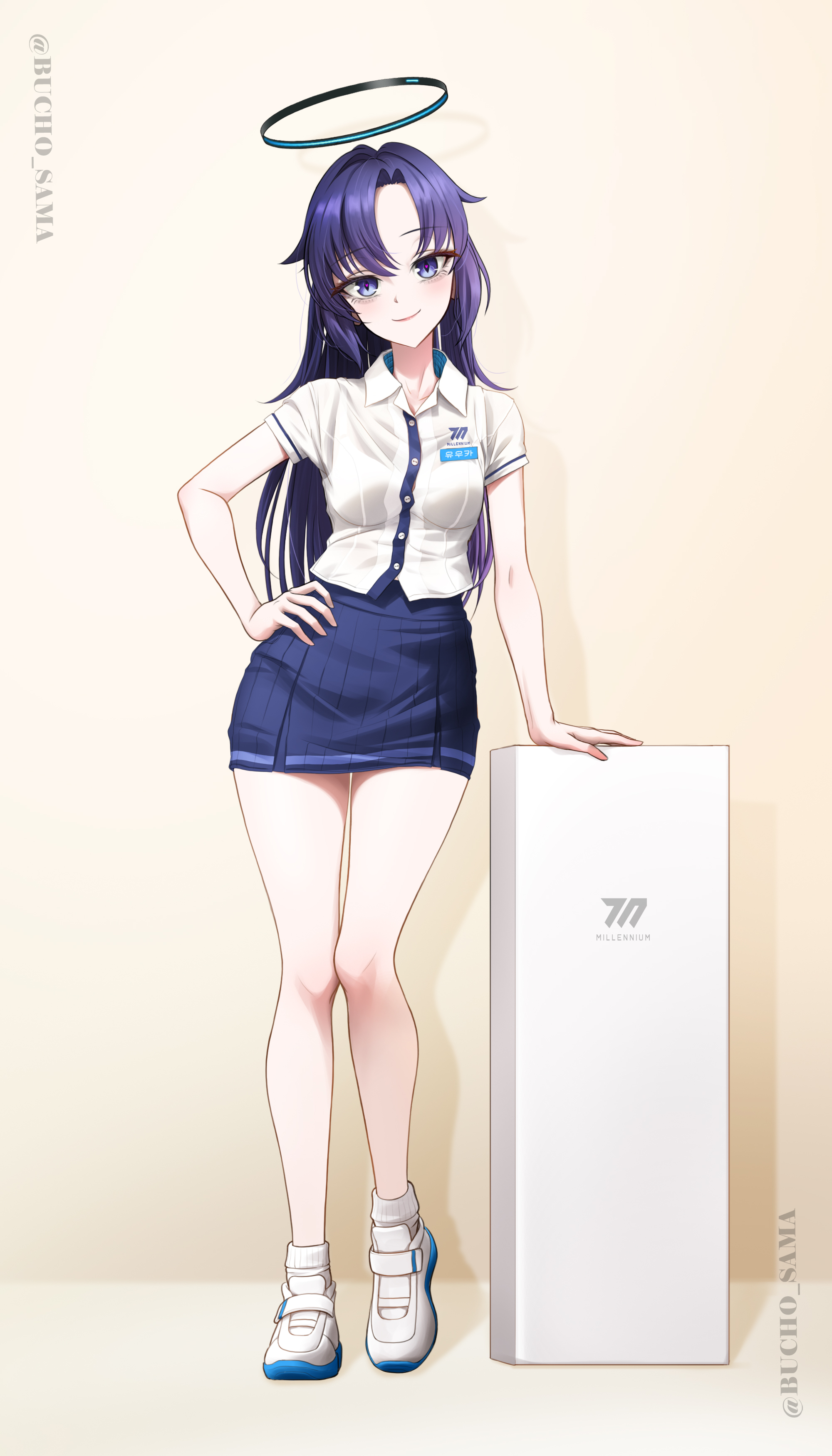 bucho sama, yuuka (blue archive), blue archive, absurdres, commentary, english commentary, highres, korean commentary, mixed-language commentary, multilingual commentary, 1girl, blue skirt, breasts, full body, halo, hand on own hip, long hair, medium breasts, pleated skirt, purple eyes, purple hair, school uniform, shirt, shoes, skirt, smile, socks, solo, white shirt, white shoes, white socks