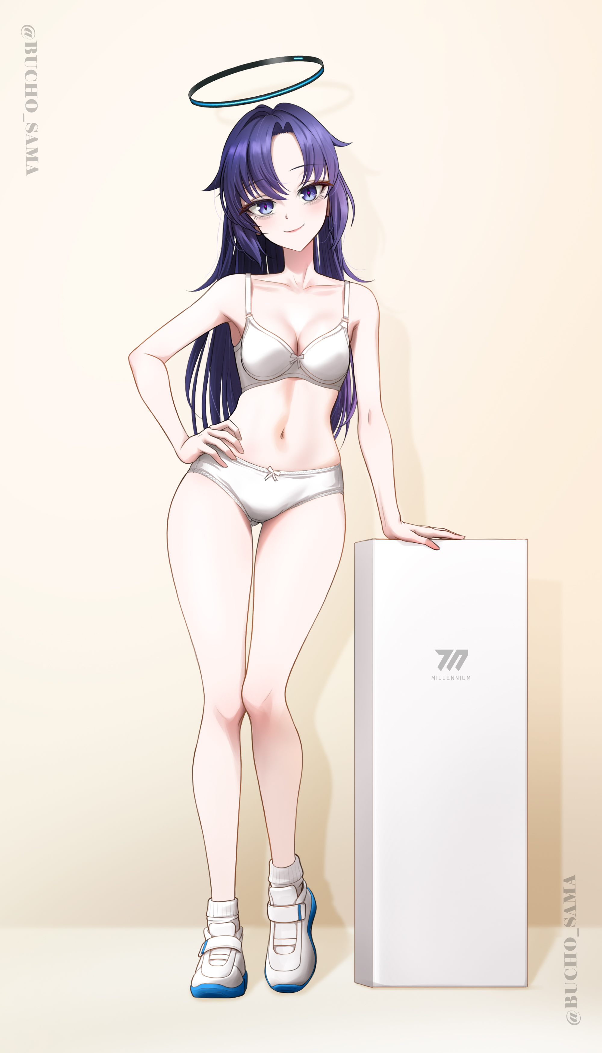 bucho sama, yuuka (blue archive), blue archive, absurdres, commentary, english commentary, highres, korean commentary, mixed-language commentary, multilingual commentary, 1girl, blue eyes, bra, breasts, cleavage, full body, halo, hand on own hip, long hair, medium breasts, navel, panties, purple eyes, purple hair, shoes, smile, socks, solo, underwear, underwear only, white bra, white panties, white shoes, white socks