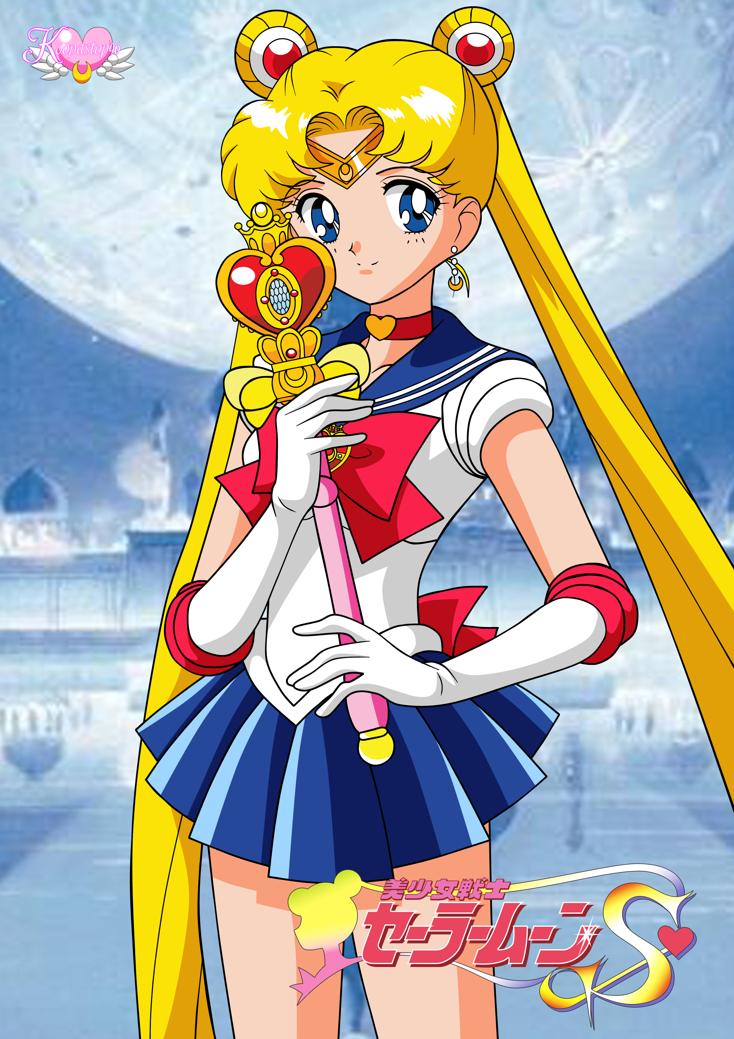 sailor moon, tsukino usagi, bishoujo senshi sailor moon, bishoujo senshi sailor moon s, absurdres, commentary, english commentary, highres, blaze102, blonde hair, blue eyes, blue sailor collar, blue skirt, bow, bowtie, choker, circlet, cosmic heart compact, crescent, crescent earrings, double bun, earrings, elbow gloves, gloves, hair bun, holding, holding wand, jewelry, long hair, pleated skirt, red bow, red bowtie, red choker, sailor collar, sailor senshi uniform, skirt, smile, spiral heart moon rod, twintails, wand, white gloves