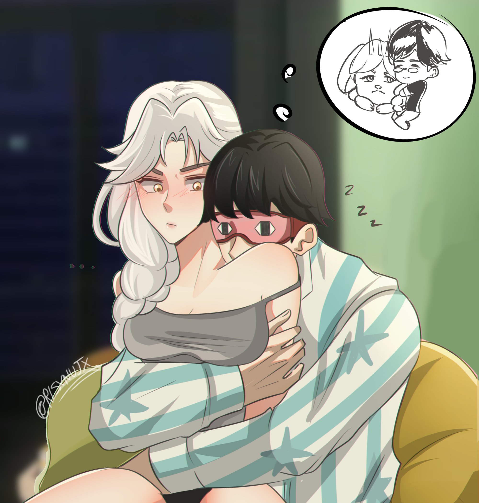 queen (to be hero x), x (to be hero x), to be hero, to be hero x, commentary, english commentary, highres, 1boy, 1girl, artist name, bare shoulders, black hair, blindfold, blush, braid, braided ponytail, breasts, camisole, cleavage, closed mouth, dreaming, grey camisole, hetero, hug, hug from behind, indoors, long hair, looking at another, medium breasts, pajamas, risxnujx, short hair, striped clothes, striped pajamas, twitter username, white hair, yellow eyes, zzz
