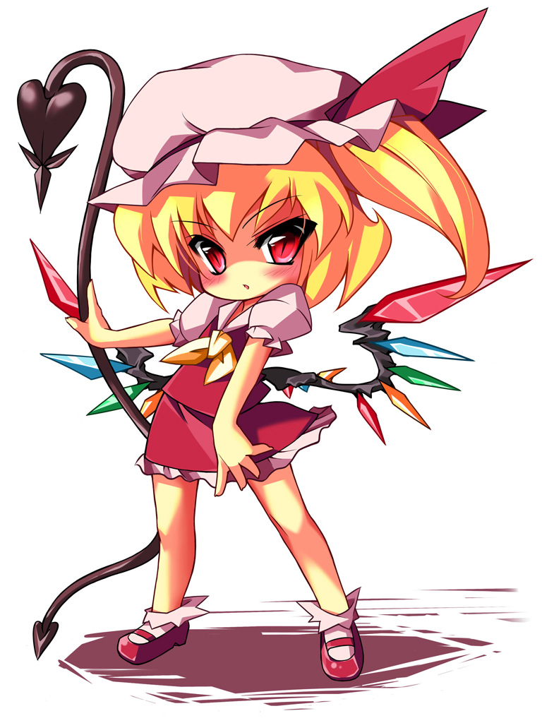beihan, kokka han, flandre scarlet, touhou, 1girl, blonde hair, blouse, chibi, collared shirt, female focus, hat, laevatein, mob cap, red shoes, ribbon, shirt, shoes, short hair, socks, solo, white hat, white shirt, white socks, wings