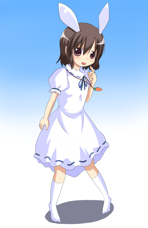mikan imo, inaba tewi, touhou, bad id, bad pixiv id, 1girl, animal ears, black hair, female focus, full body, gradient background, rabbit ears, short hair, solo, standing, white background