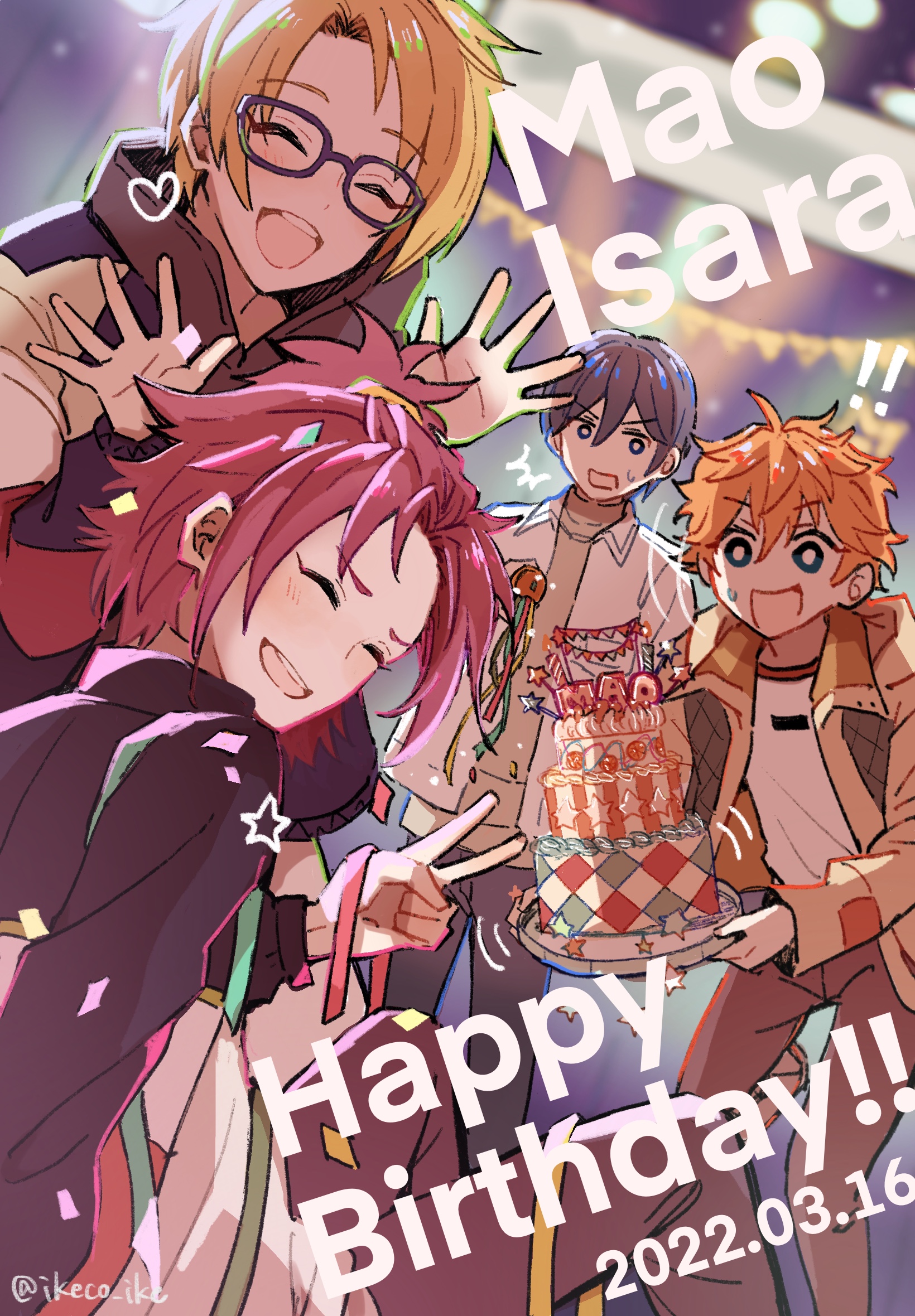 akehoshi subaru, hidaka hokuto, isara mao, yuuki makoto (ensemble stars!), ensemble stars!, highres, bangs pinned back, birthday cake, black hair, blonde hair, cake, character name, closed eyes, dated, facing viewer, food, glasses, hair between eyes, happy birthday, heart, holding, holding tray, ikeco ike, jacket, looking at another, male focus, open clothes, open jacket, open mouth, orange hair, red hair, short hair, smile, tray, trickstar (ensemble stars!), v