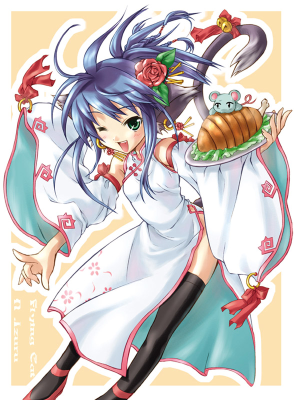 nekou izuru, original, 1girl, animal ears, bell, black thighhighs, blue hair, cat ears, cat tail, china dress, chinese clothes, detached sleeves, dress, earrings, female focus, flower, food, green eyes, hair flower, hair ornament, jewelry, ribbon, solo, tail, tail bell, tail ornament, tail ribbon, thighhighs