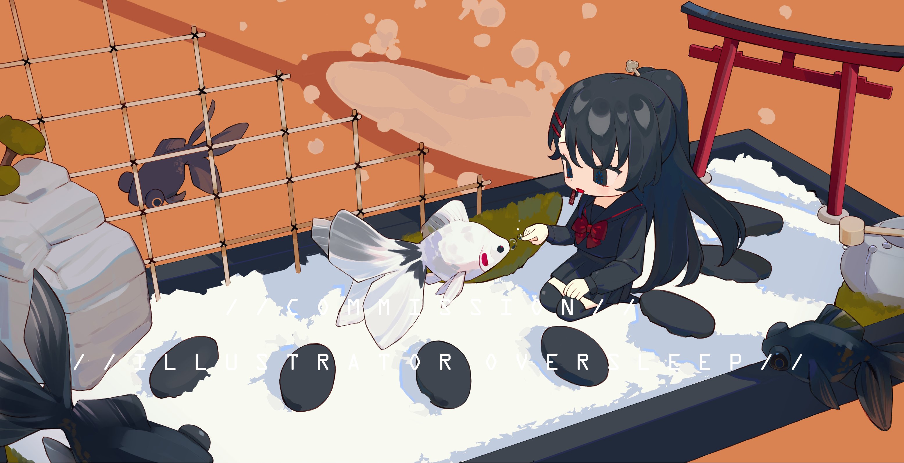 oversleep, original, highres, 1girl, black eyes, black hair, black sailor collar, black serafuku, black shirt, black skirt, bubble, chibi, chibi only, fish, goldfish, hair between eyes, high ponytail, long hair, mini person, neckerchief, ponytail, red neckerchief, rock, rock garden, sailor collar, school uniform, serafuku, shirt, skirt, torii