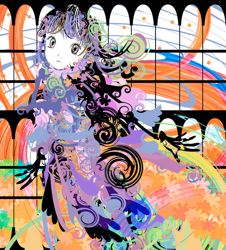 kazaana, original, 1girl, abstract, brown eyes, colorful, curly hair, dress, female focus, flower, long hair, looking at viewer, psychedelic, solo, very long hair, window