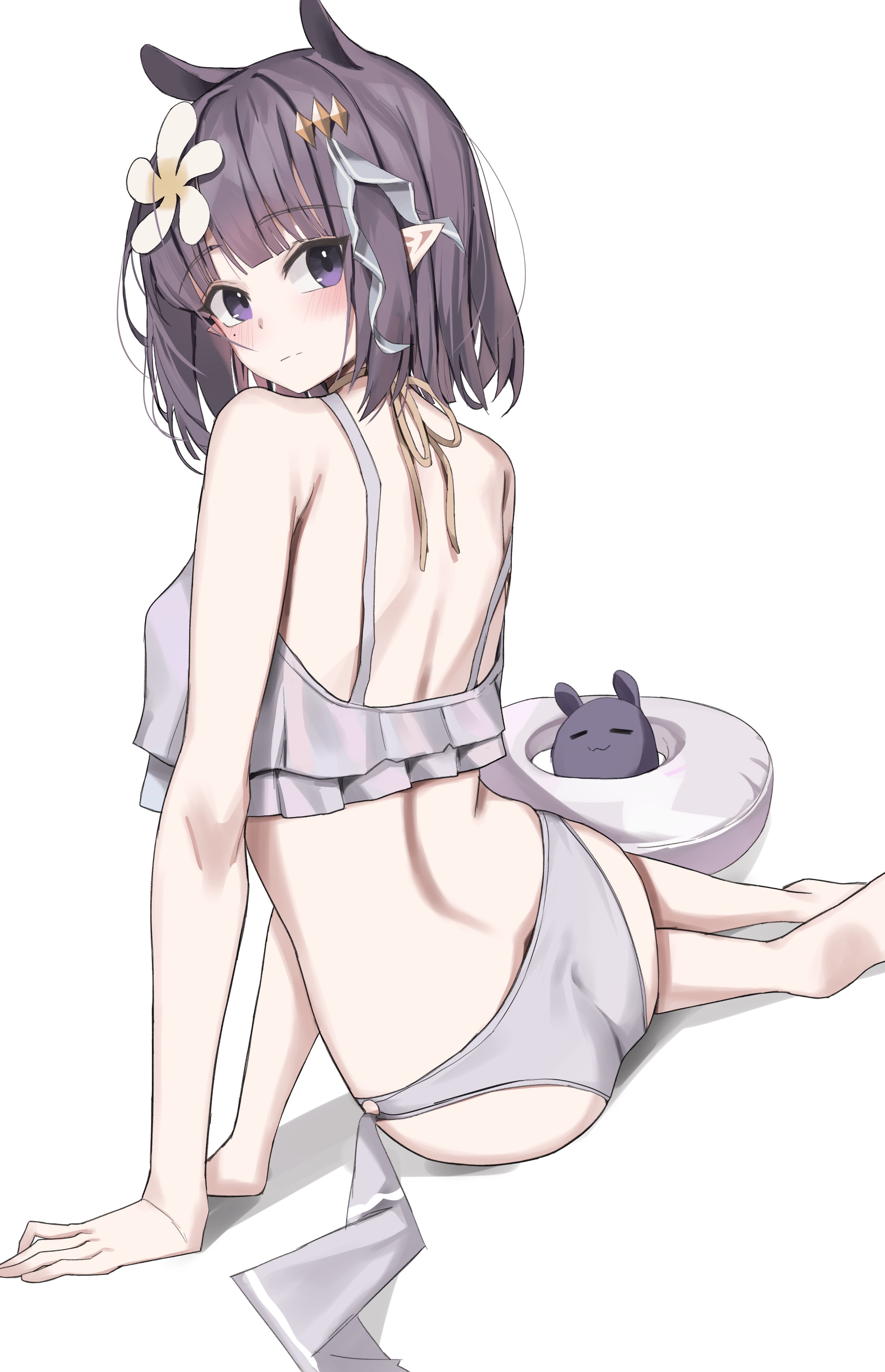 scarlet (wv0102), ninomae ina'nis, ninomae ina'nis (holonatsu paradise), takodachi (ninomae ina'nis), hololive, hololive english, absurdres, commentary, highres, symbol-only commentary, 1girl, ass, bikini, breasts, closed mouth, flower, grey bikini, hair flower, hair ornament, innertube, pointy ears, purple eyes, purple hair, simple background, small breasts, swim ring, swimsuit, tentacle hair, virtual youtuber, white background