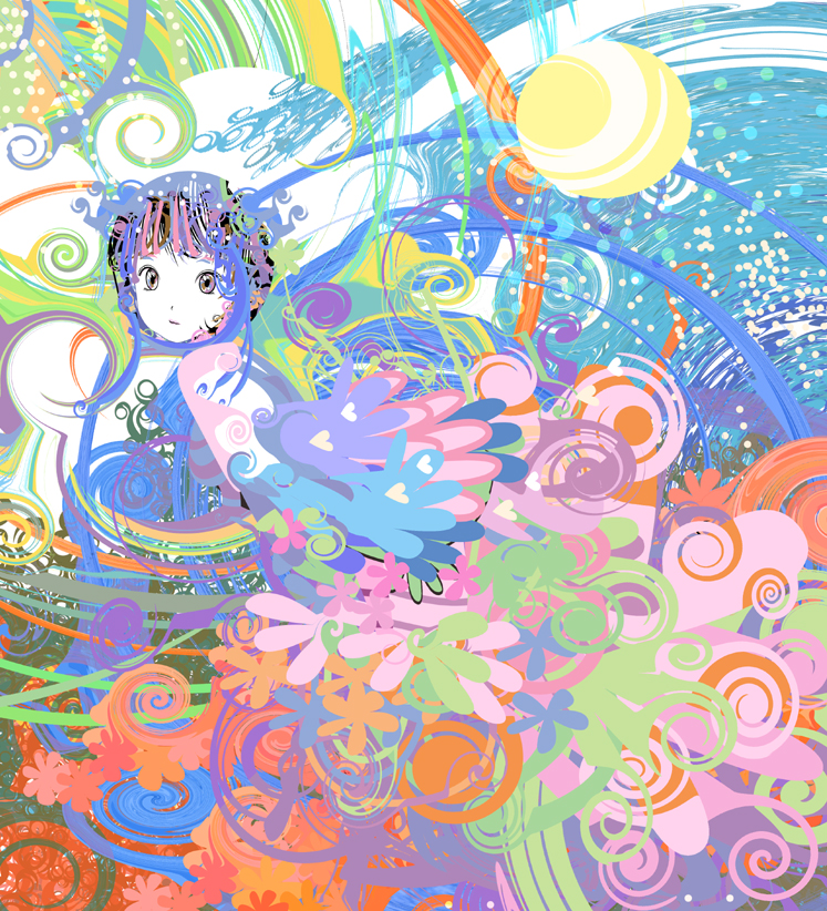 kazaana, original, 1girl, abstract, colorful, expressionless, female focus, flower, looking at viewer, psychedelic, purple eyes, solo, wings