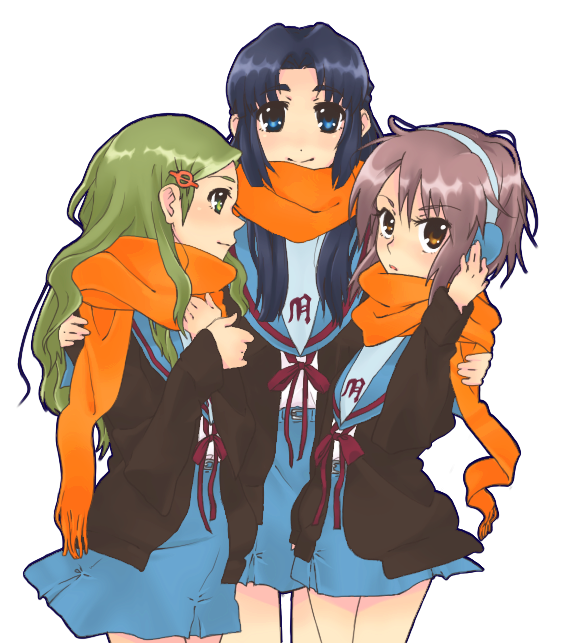 tashimo, asakura ryoko, kimidori emiri, nagato yuki, suzumiya haruhi no yuuutsu, 00s, cardigan, earmuffs, scarf, school uniform, serafuku