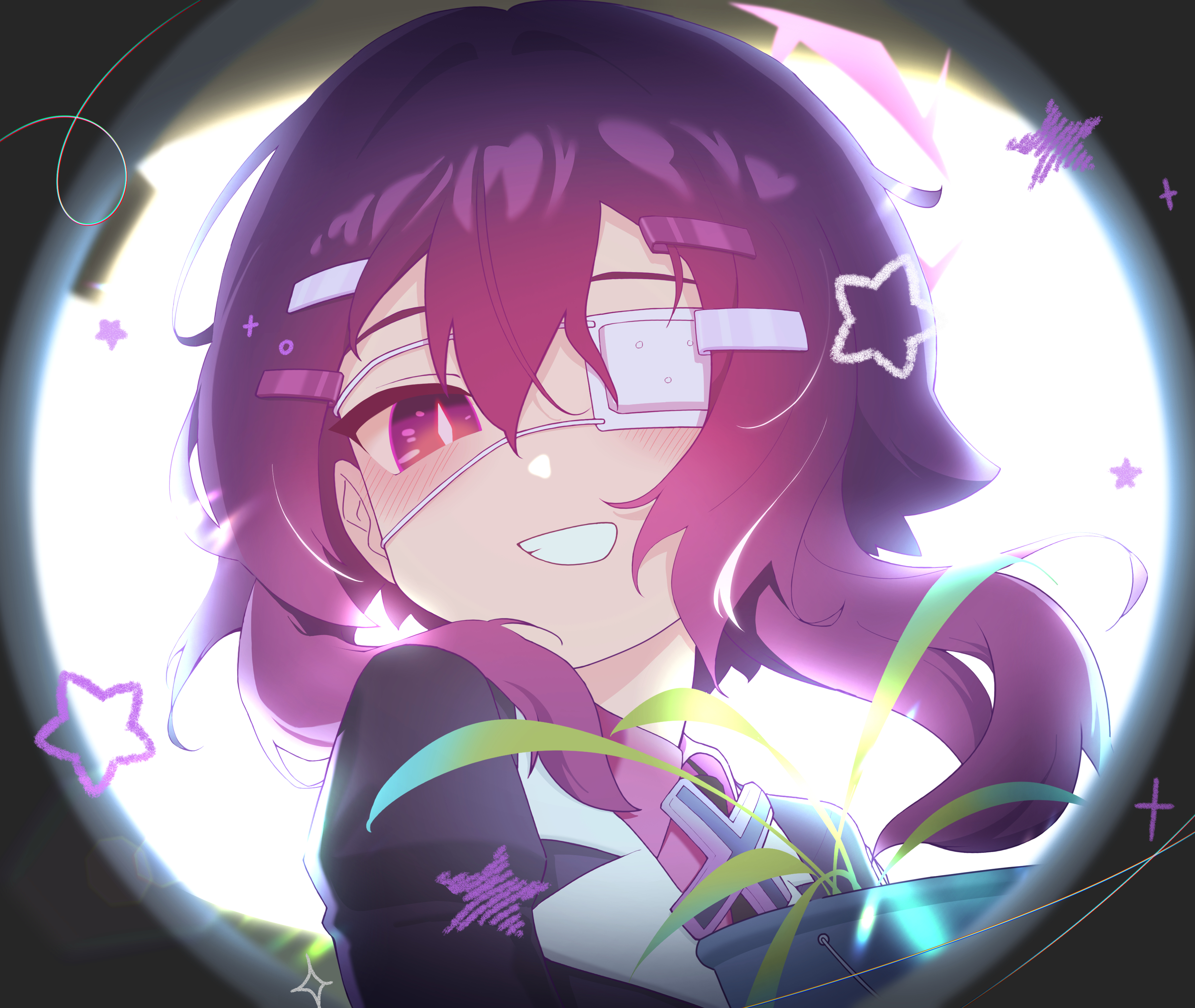 chocowaffle, haruka (blue archive), blue archive, monitoring (vocaloid), absurdres, highres, 1girl, black jacket, collared shirt, eyepatch, grin, halo, jacket, looking at viewer, medical eyepatch, one eye covered, plant, portrait, potted plant, pov peephole, purple eyes, purple hair, purple halo, shirt, smile, solo, star (symbol)