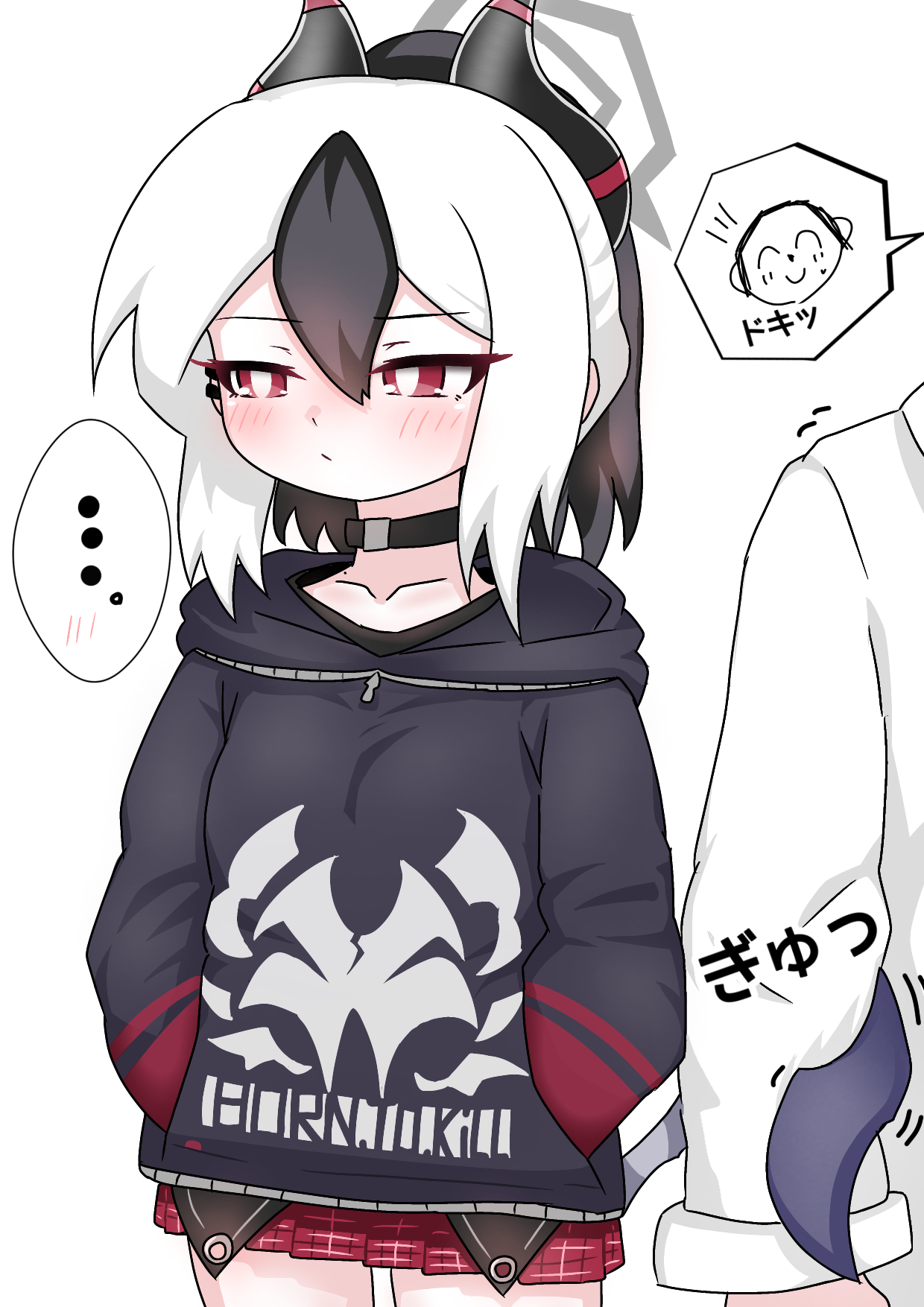 tomimon, doodle sensei (blue archive), kayoko (blue archive), sensei (blue archive), blue archive, commentary request, highres, translation request, …, 1boy, 1girl, black choker, black hair, black hoodie, blush, choker, closed mouth, ear piercing, hair between eyes, halo, hood, hood down, hoodie, horns, long sleeves, multicolored hair, piercing, plaid clothes, plaid skirt, pleated skirt, ponytail, red eyes, red skirt, shirt, simple background, skirt, spoken ellipsis, two-tone hair, white background, white hair, white shirt, wing wrap