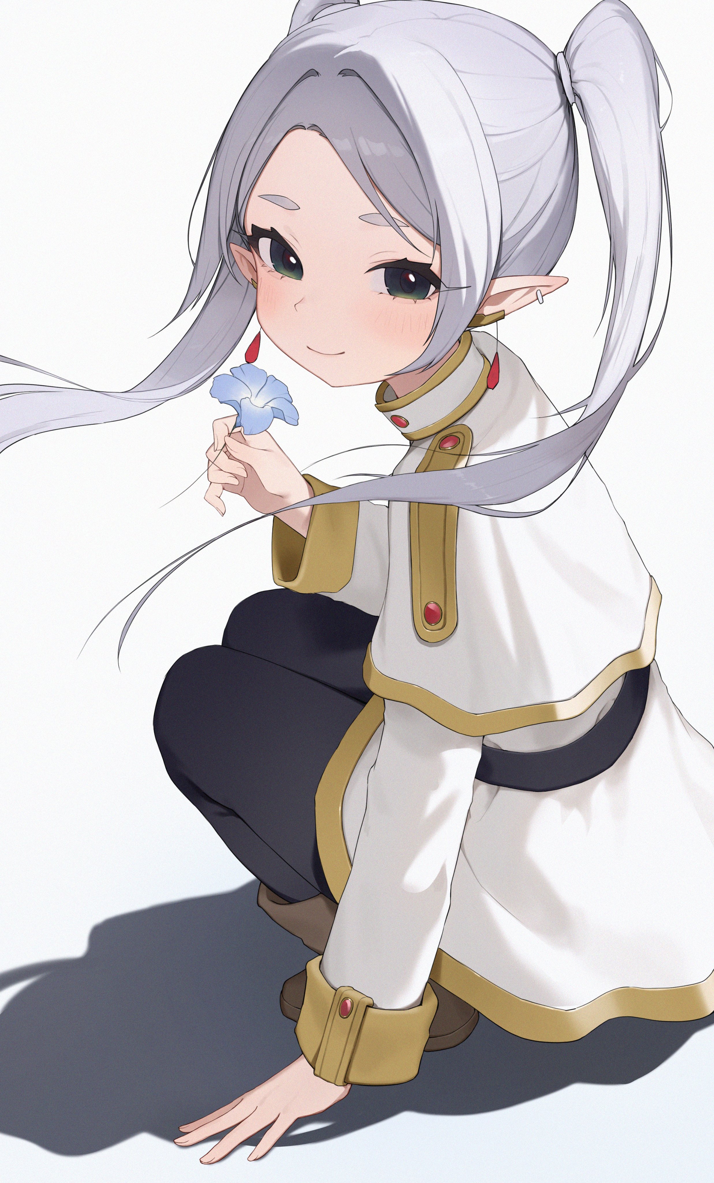 seuhu, frieren, sousou no frieren, absurdres, highres, 1girl, black pantyhose, blue flower, boots, brown boots, capelet, closed mouth, earrings, elf, flower, grey hair, holding, holding flower, jewelry, light smile, long hair, looking at viewer, pantyhose, pointy ears, simple background, skirt, solo, squatting, twintails, white background, white capelet, white skirt
