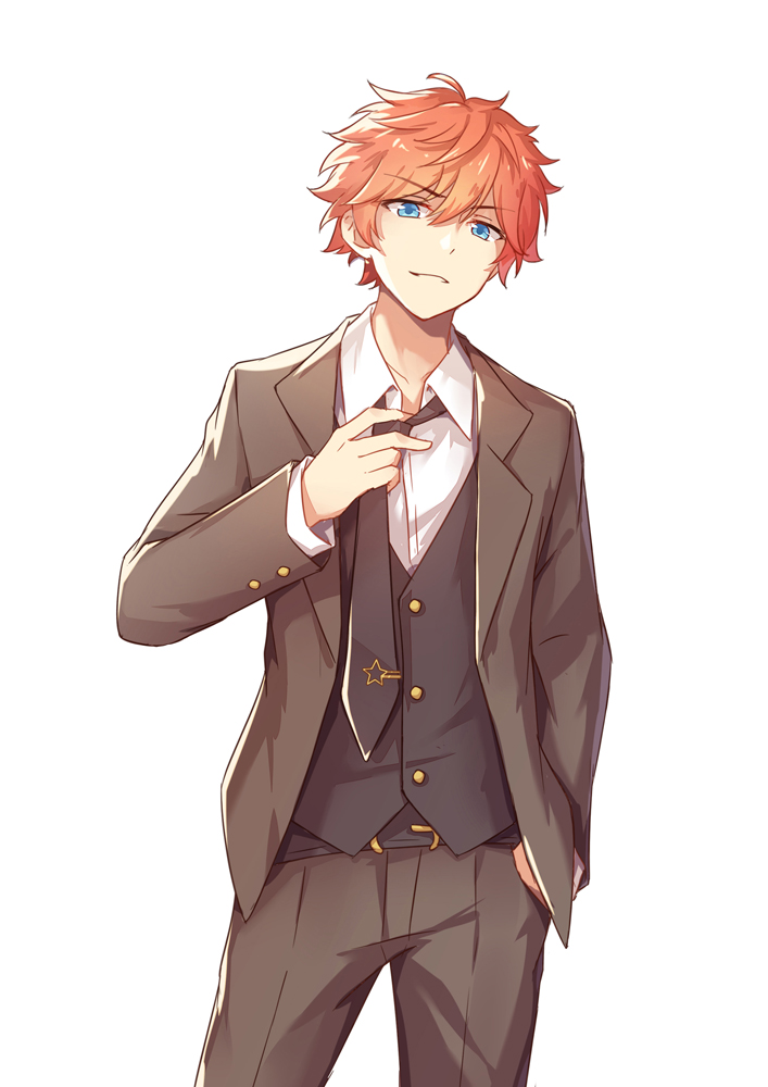 kyomono (hjxop), akehoshi subaru, ensemble stars!, chinese commentary, commentary request, 1boy, adjusting clothes, adjusting necktie, black necktie, blue eyes, brown jacket, brown pants, cowboy shot, formal clothes, hair between eyes, hand in pocket, jacket, long sleeves, looking at viewer, male focus, necktie, open clothes, open jacket, orange hair, pants, parted lips, short hair, simple background, smile, solo, suit, vest, waistcoat, white background