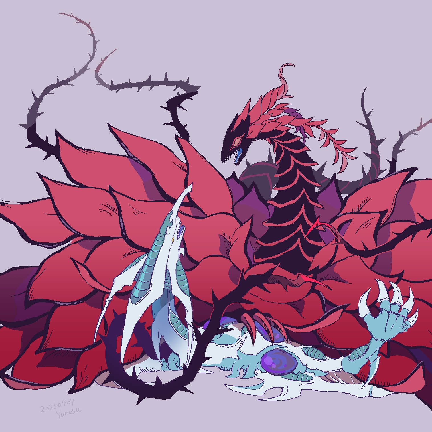 mutsuki kaya, black rose dragon, stardust dragon, yu-gi-oh!, yu-gi-oh! 5d's, highres, claws, dragon, dragon claw, dragon tail, dragon wings, duel monster, fangs, no humans, open mouth, plant, scales, shoulder plates, tail, thorns, vines, wings, yellow eyes