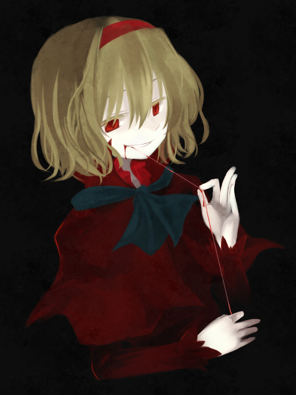 myama, alice margatroid, touhou, bad id, bad pixiv id, 1girl, alternate color, blonde hair, blood, female focus, hairband, player 2, red eyes, short hair, solo, string, wedgie