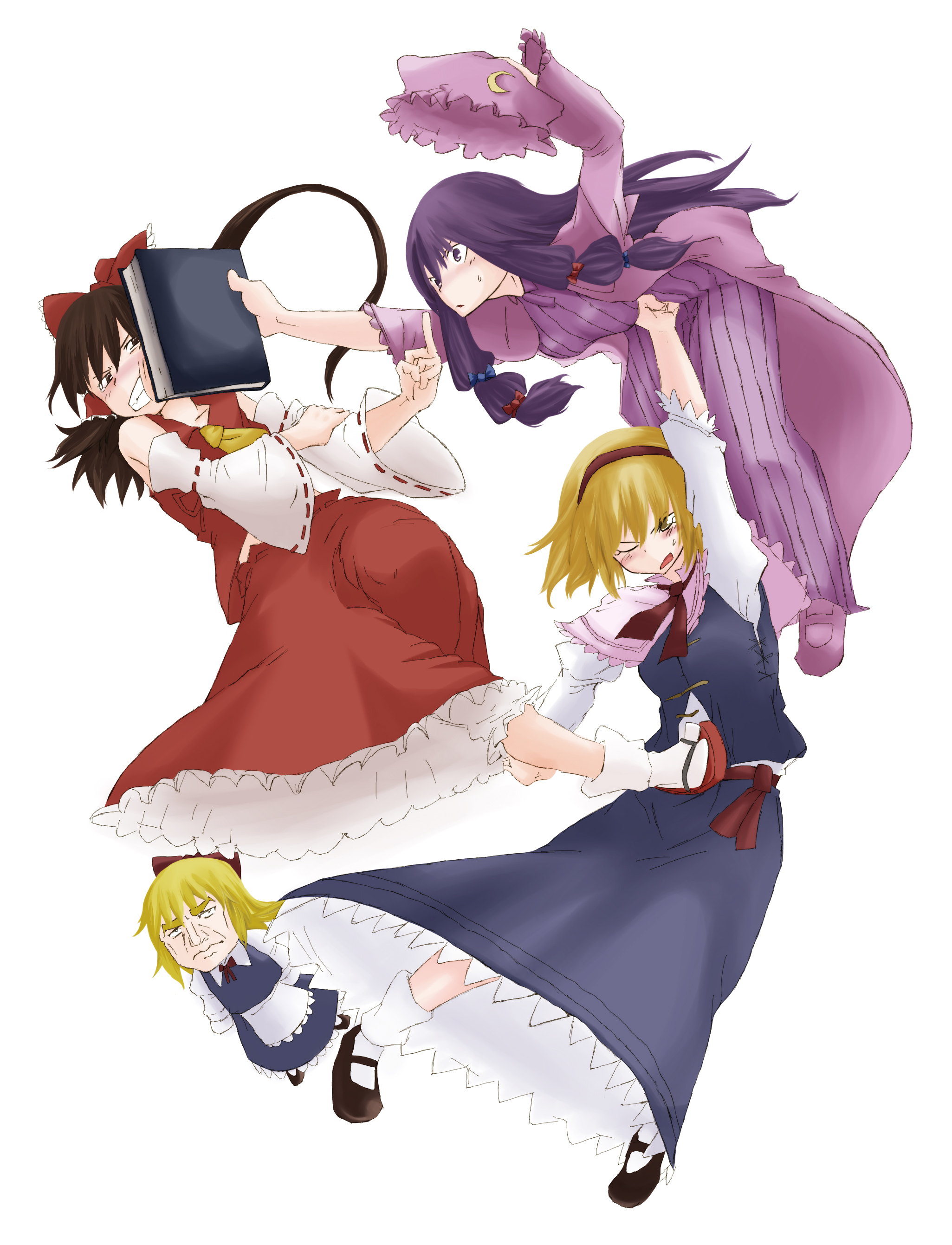 chomoran, futami yayoi, alice margatroid, hakurei reimu, patchouli knowledge, shanghai doll, touhou, absurdres, colorized, highres, 3girls, apron, battle, blonde hair, book, bow, brown eyes, brown hair, capelet, crescent, crescent moon, detached sleeves, doll, dress, female focus, hair bow, hair ribbon, hairband, hat, japanese clothes, kicking, mary janes, middle finger, miko, moon, multiple girls, one eye closed, punching, purple eyes, purple hair, ribbon, shoes, tears, wink, yellow eyes