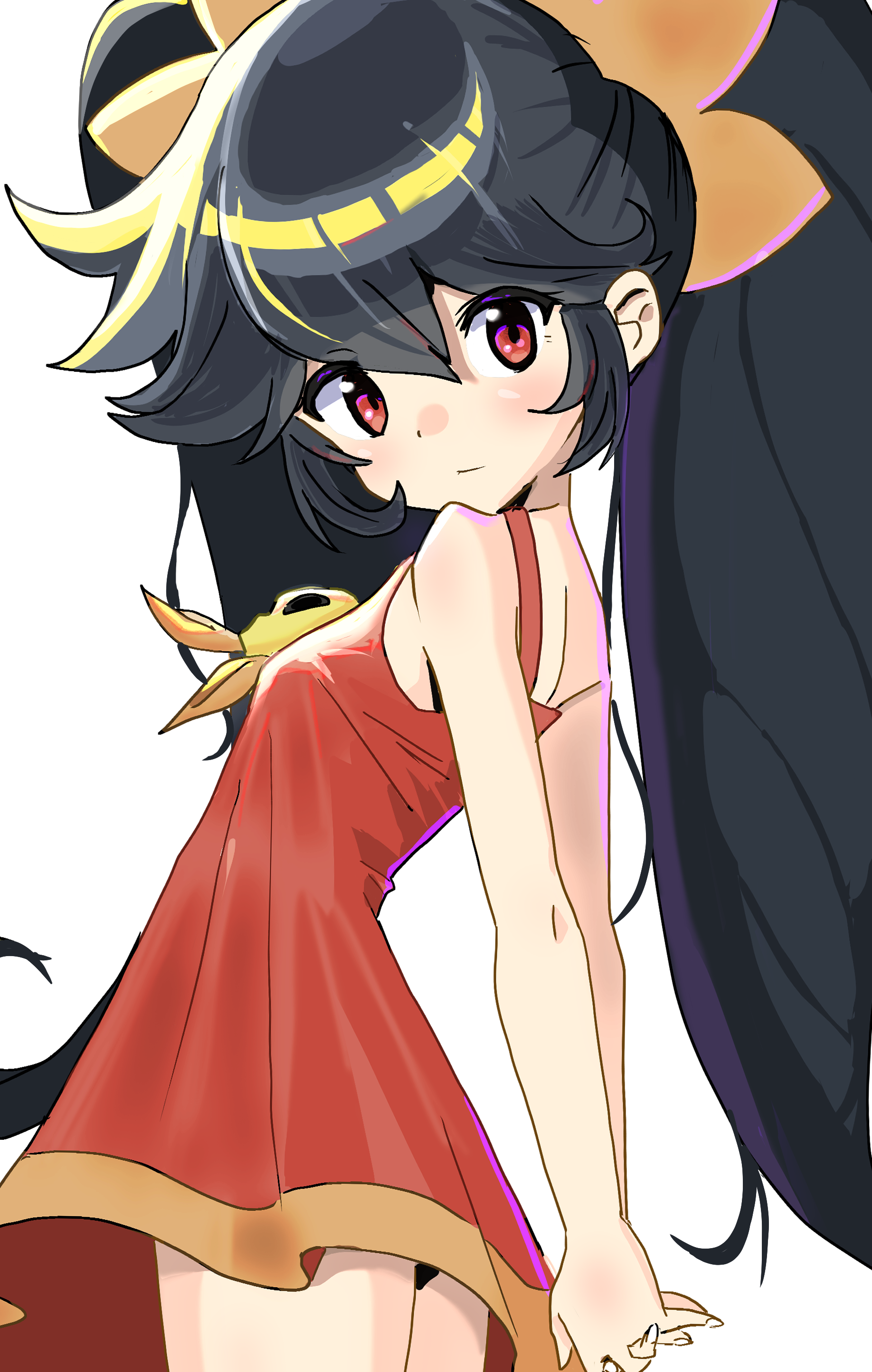 detesu, ashley (warioware), nintendo, warioware, warioware: move it!, absurdres, highres, 1girl, arms behind back, black hair, dress, from side, hair between eyes, hairband, interlocked fingers, long hair, looking at viewer, official alternate costume, own hands together, red dress, red eyes, sleeveless, sleeveless dress, solo, twintails, very long hair, white background