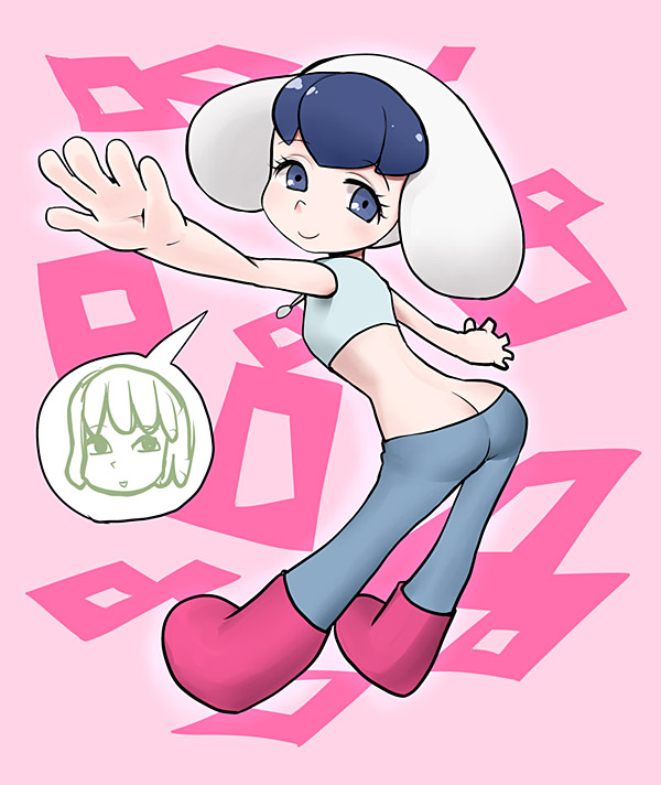 sanae (satansanae), chroniko, kaiba (character), kaiba, 00s, 1girl, ass, back, blue eyes, blue hair, blush, boots, butt crack, crop top, hat, jewelry, leaning forward, looking back, necklace, outstretched arms, pants, pink boots, smile, spread arms