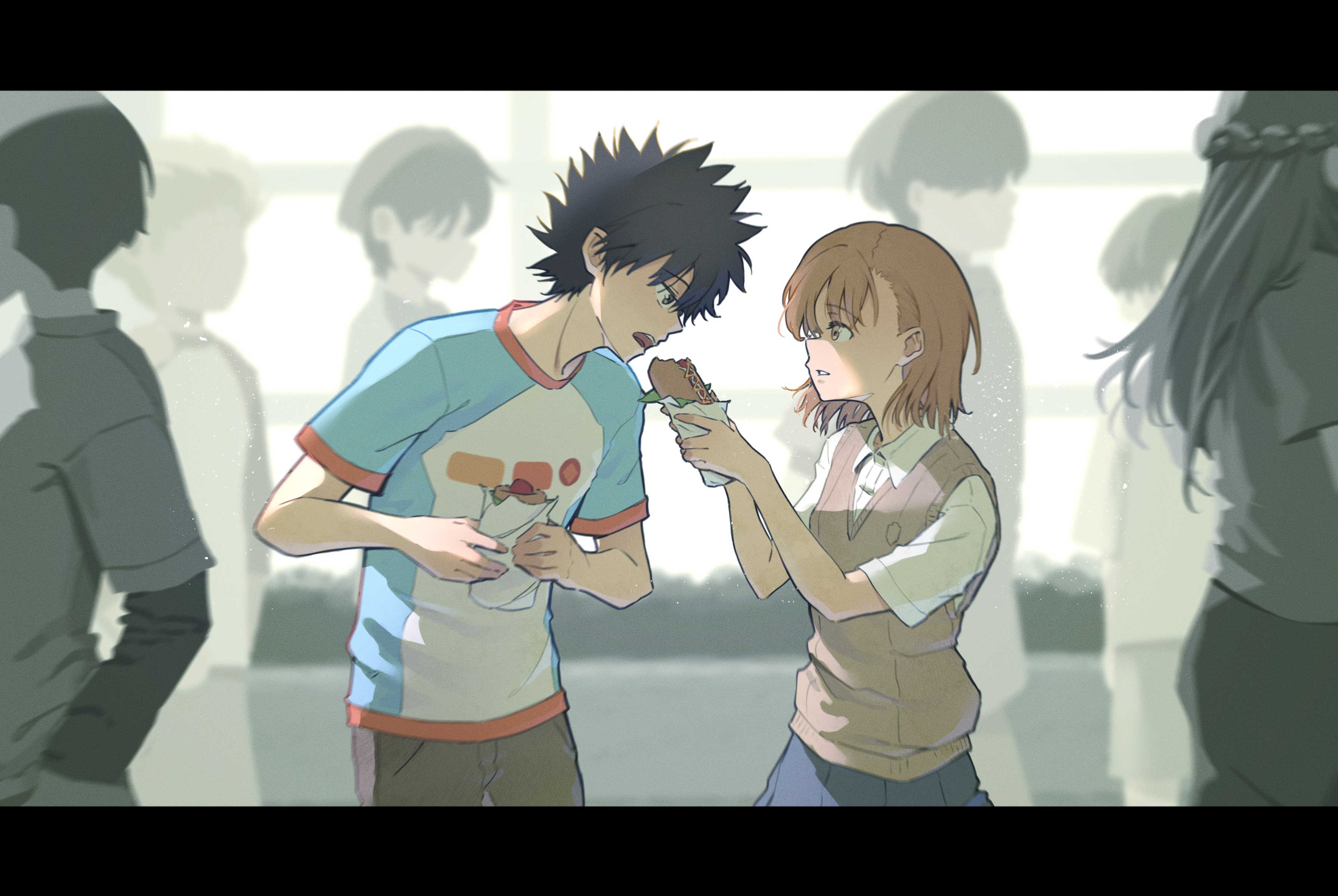 karakara (xryns01), kamijou touma, misaka mikoto, toaru kagaku no railgun, toaru majutsu no index, absurdres, commentary, english commentary, highres, 2girls, 6+boys, black hair, blue shirt, brown hair, brown pants, brown sweater vest, collared shirt, eating, feeding, food, grey skirt, holding, holding food, hot dog, letterboxed, medium hair, multiple boys, multiple girls, mustard, pants, pleated skirt, raglan sleeves, school emblem, school uniform, shirt, short hair, short sleeves, skirt, spiked hair, summer uniform, sweater vest, t-shirt, tokiwadai school uniform, v-neck, white shirt, yakisobapan