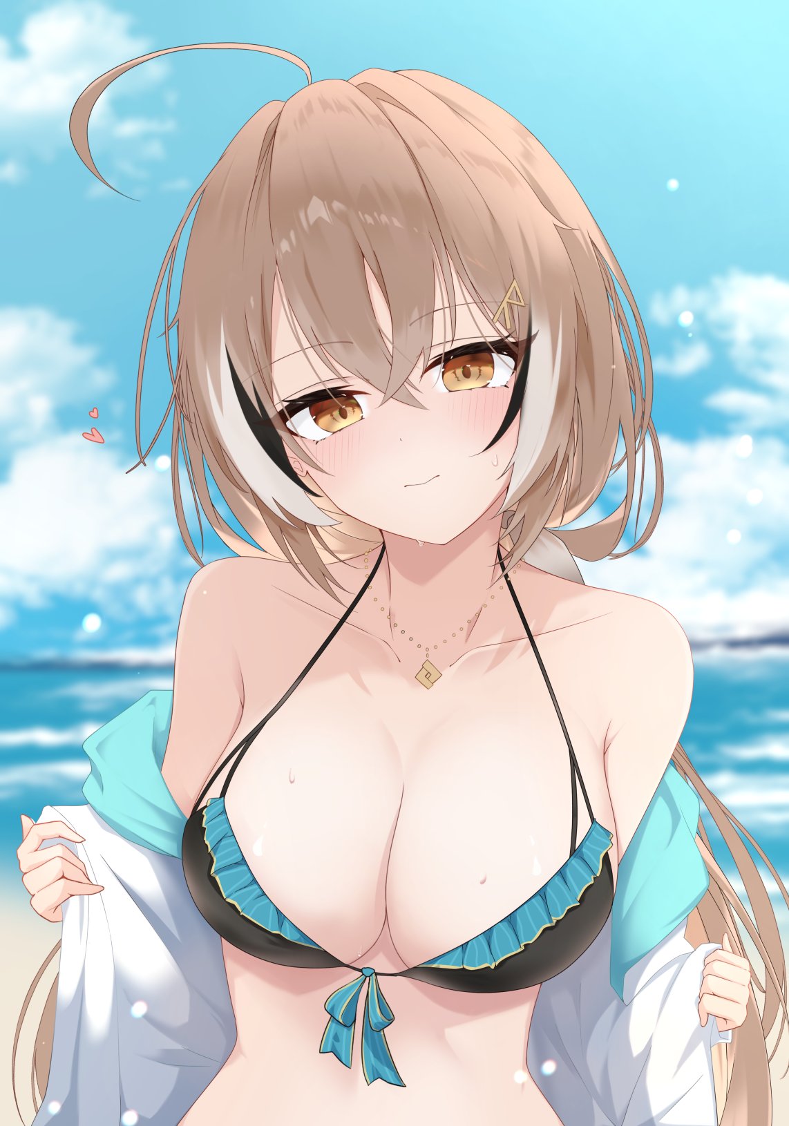 narukahana, nanashi mumei, hololive, hololive english, highres, 1girl, ahoge, beach, bikini, black bikini, black streaks, blue sky, breasts, brown eyes, brown hair, closed mouth, cloud, cloudy sky, day, jacket, large breasts, long hair, looking at viewer, ocean, sky, solo, swimsuit, virtual youtuber, white jacket, white streaks