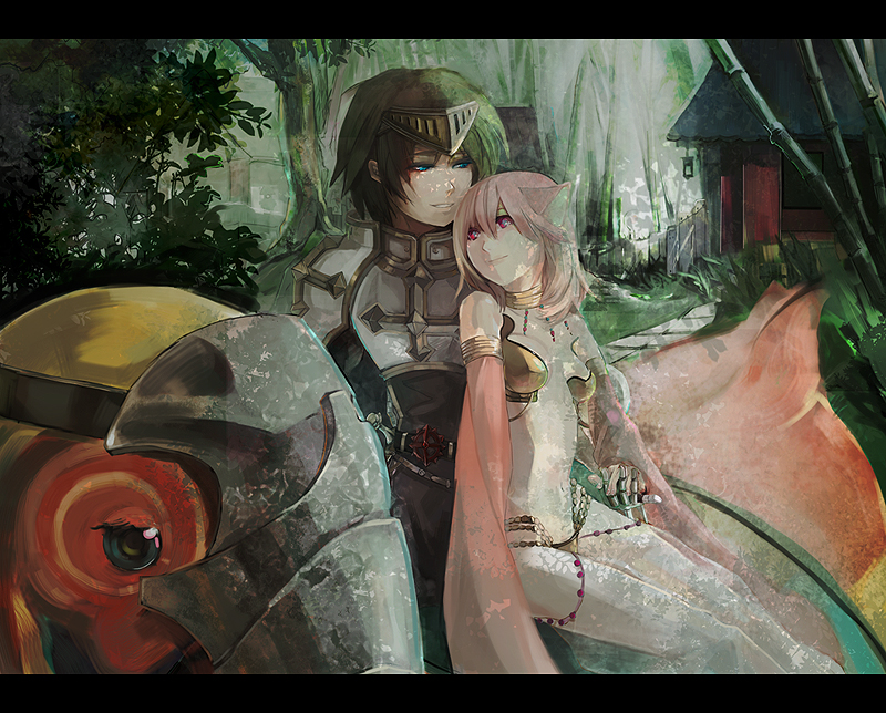 nameco, gypsy (ragnarok online), knight (ragnarok online), lord knight (ragnarok online), ragnarok online, bad id, bad pixiv id, 1boy, 1girl, animal ears, armor, collar, couple, gypsy, hetero, knight, letterboxed, panties, pink hair, red eyes, riding, underwear