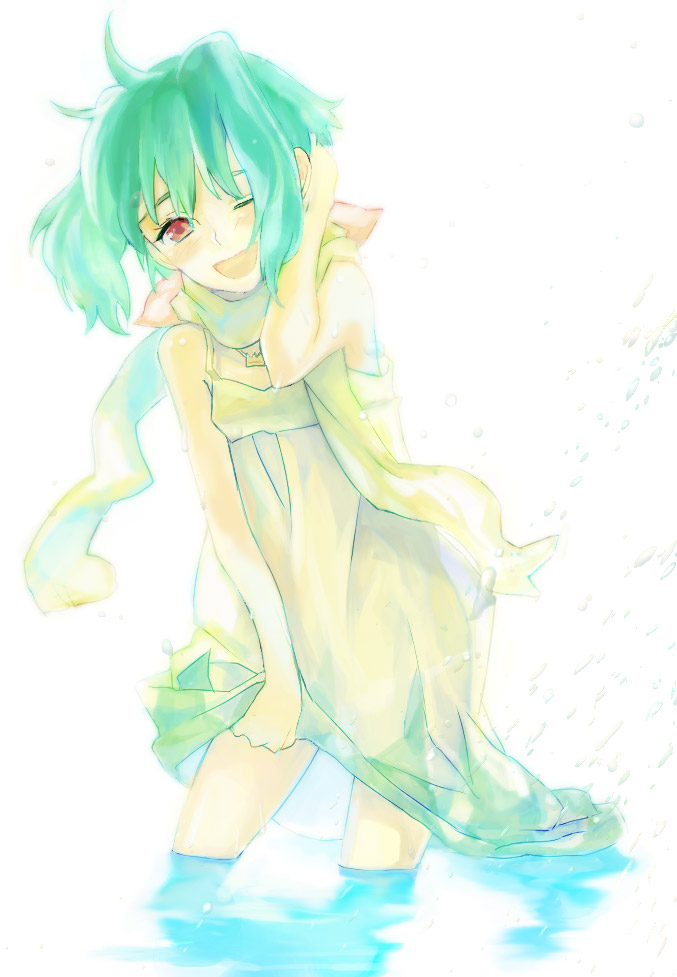 mooche, ranka lee, macross, macross frontier, bad id, bad pixiv id, 00s, green hair, one eye closed, red eyes, scarf, solo, wink