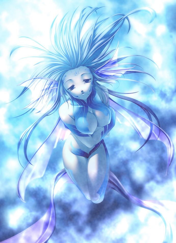 rezi, original, bad id, bad pixiv id, 1girl, blue eyes, blue hair, blue skin, blue theme, breasts, cleavage, colored skin, female focus, fins, fish girl, large breasts, long hair, matching hair/eyes, monster girl, solo
