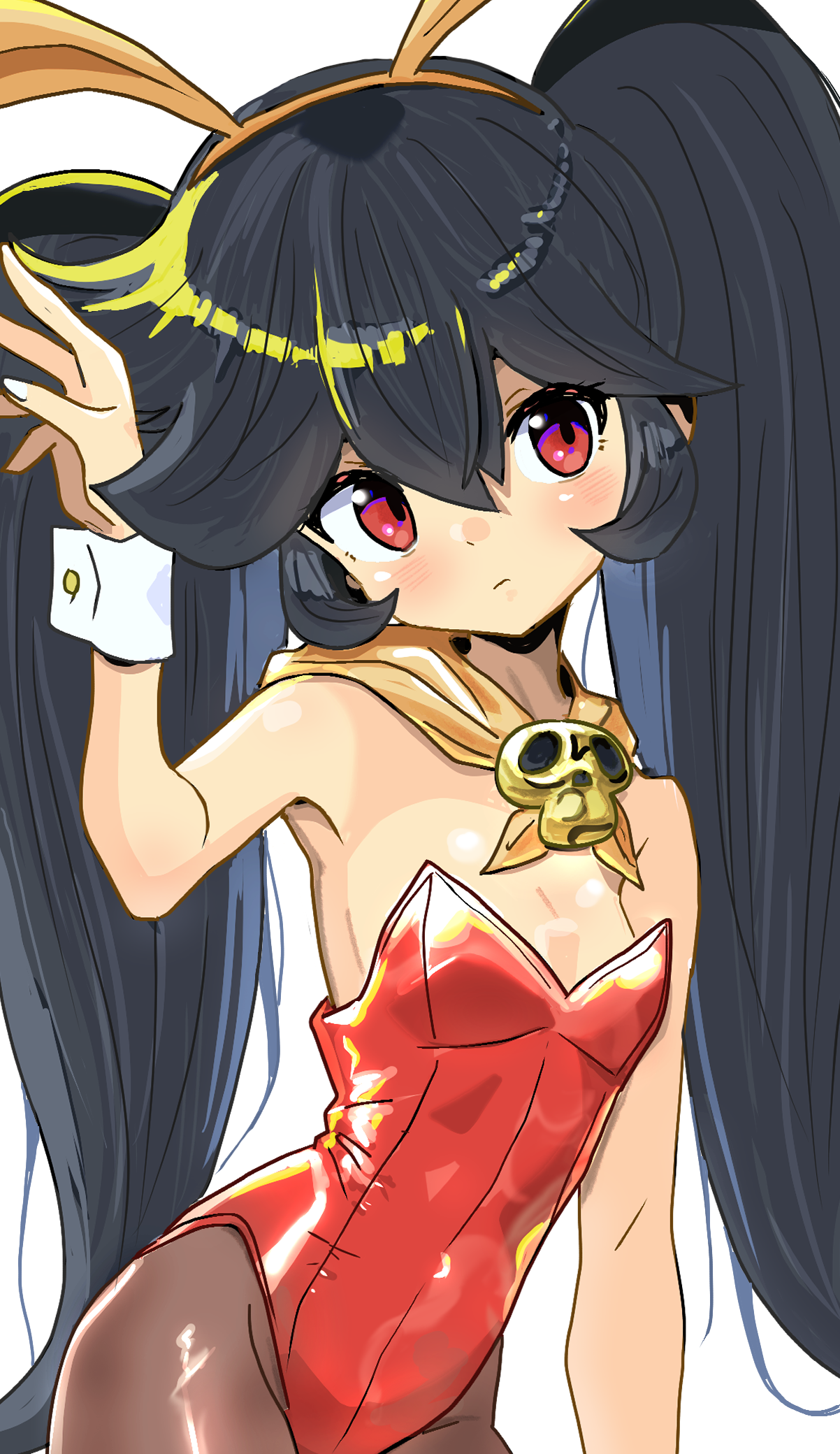 detesu, ashley (warioware), nintendo, warioware, highres, 1girl, alternate costume, animal ear hairband, animal ears, bare shoulders, black hair, blush, fake animal ears, hair between eyes, hairband, leotard, long hair, pantyhose, playboy bunny, rabbit ear hairband, rabbit ears, red eyes, red leotard, solo, strapless, strapless leotard, twintails, very long hair, white background, wrist cuffs