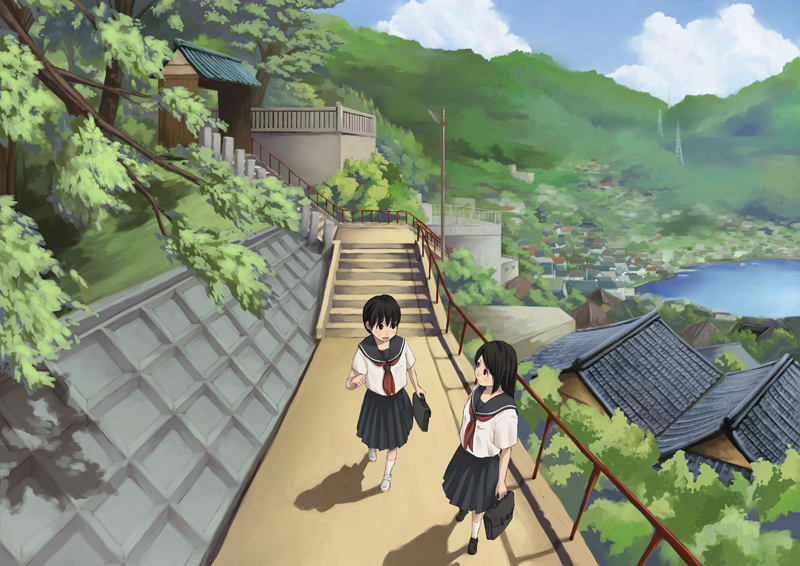 tamaru tokihiko, original, 2girls, black hair, day, house, lake, looking at another, mountain, multiple girls, nature, outdoors, pole, scenery, school uniform, serafuku, shadow, short hair, slice of life, stairs, town, tree