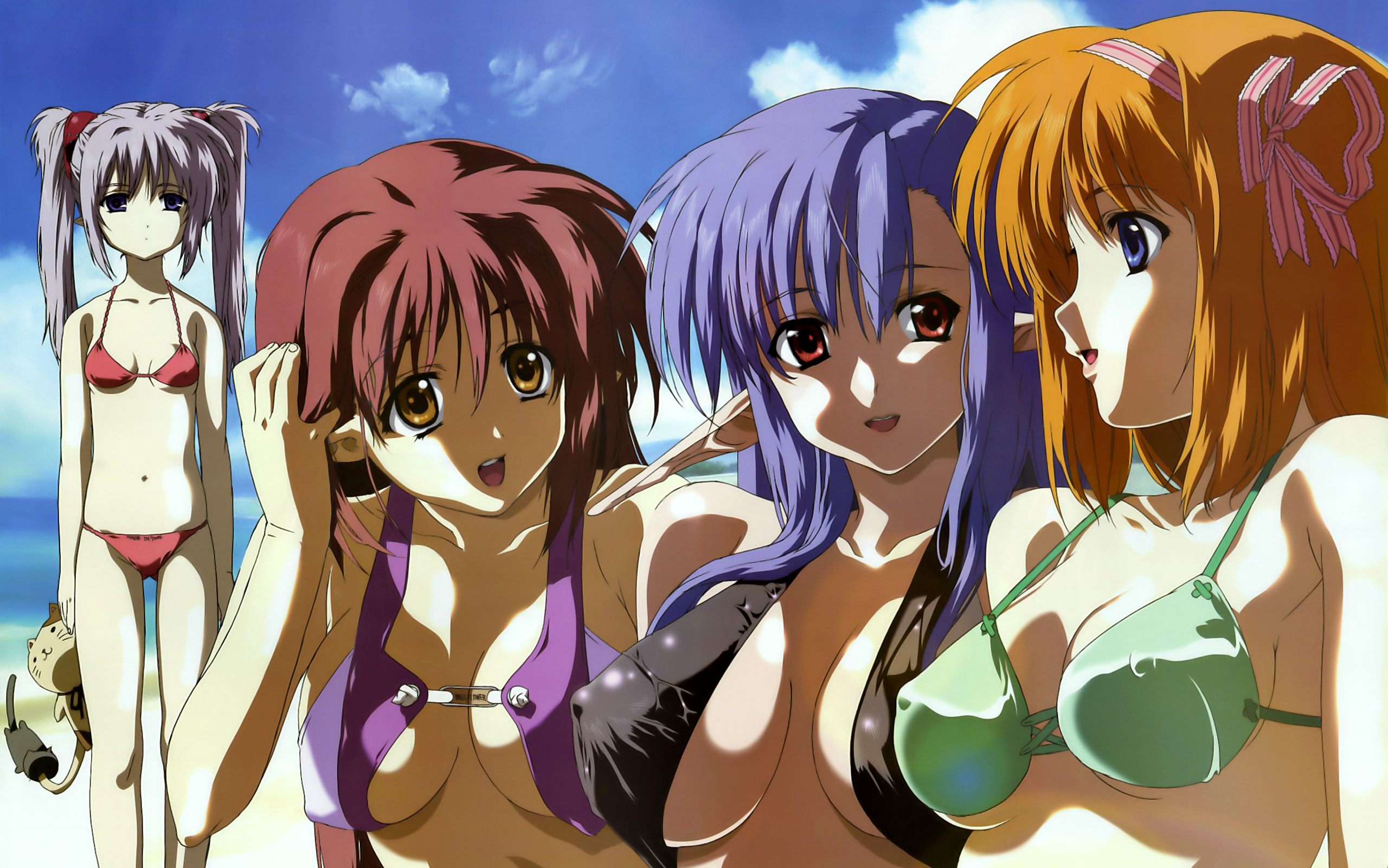 hosoda naoto, fuyou kaede, lisianthus, nerine, primula, megami magazine, shuffle!, silver hair, highres, 00s, 4girls, adjusting hair, beach, bikini, blue eyes, blue hair, breasts, breasts apart, brown eyes, covered erect nipples, day, hair ribbon, large breasts, multiple girls, orange eyes, orange hair, outdoors, pointy ears, purple eyes, purple hair, red eyes, red hair, ribbon, stuffed animal, stuffed cat, stuffed toy, swimsuit, tucking hair, twintails, upper body