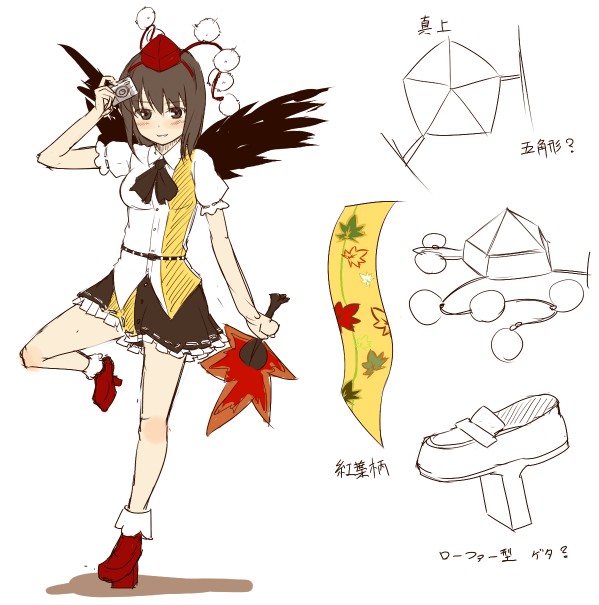ket-c, shameimaru aya, touhou, 1girl, black eyes, black hair, black wings, camera, female focus, geta, hand fan, hat, looking at viewer, short hair, smile, solo, tengu-geta, wings
