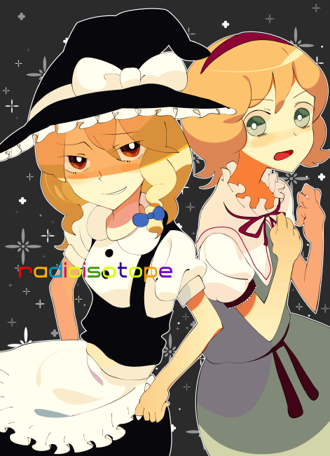 kaiza, nirmeli, alice margatroid, kirisame marisa, touhou, 2girls, :o, apron, blonde hair, capelet, embellished costume, evil smile, female focus, frown, green eyes, hairband, hat, looking at viewer, multiple girls, open mouth, puffy short sleeves, puffy sleeves, red eyes, shaded face, short sleeves, smile, surprised, waist apron, wavy mouth, witch hat