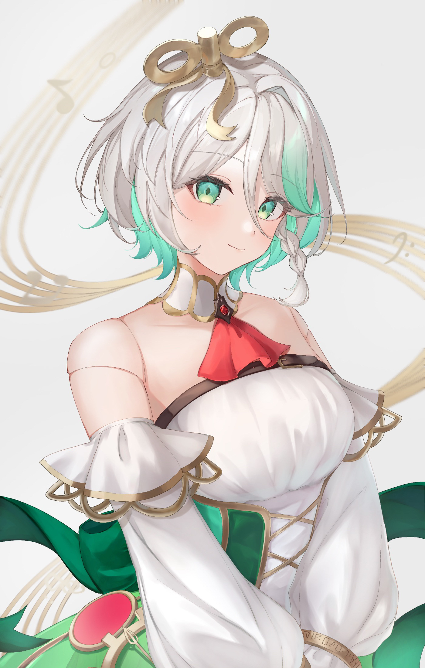 risu (risuuu q), cecilia immergreen, cecilia immergreen (1st costume), hololive, hololive english, highres, 1girl, aqua eyes, aqua hair, ascot, braid, breasts, closed mouth, colored inner hair, corset, detached collar, detached sleeves, gradient hair, green corset, light smile, looking at viewer, medium breasts, medium hair, multicolored hair, musical staff, red ascot, romper, single braid, solo, virtual youtuber, white romper, winding key