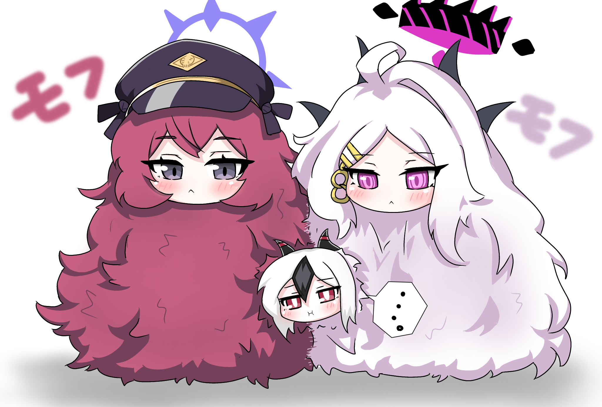 tomimon, hina (blue archive), iroha (blue archive), kayoko (blue archive), blue archive, commentary request, highres, translation request, …, 3girls, :<, :i, ahoge, black hair, black hat, blush, chibi, closed mouth, fluffy, grey eyes, hair ornament, hairclip, halo, hat, horns, multicolored hair, multiple girls, parted bangs, peaked cap, pink eyes, red eyes, red hair, shadow, simple background, single hair intake, spoken ellipsis, two-tone hair, white background, white hair