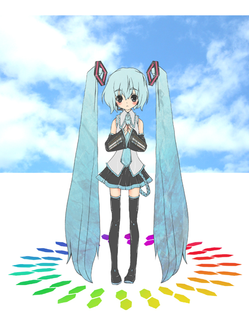 sara (pixiv118728), sara (uunyan), hatsune miku, vocaloid, 1girl, aqua hair, female focus, long hair, solo, thighhighs, twintails, very long hair