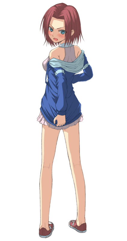 shouhei, kouzuki kallen, code geass, 00s, 1girl, angry, back, bare shoulders, blue eyes, blush, breasts, covering ass, covering privates, female focus, from behind, hood, hoodie, kneepits, legs, long sleeves, looking at viewer, looking back, no socks, off shoulder, open mouth, red hair, red shoes, shoes, short hair, simple background, skirt, sleeveless, sneakers, solo, standing, white background