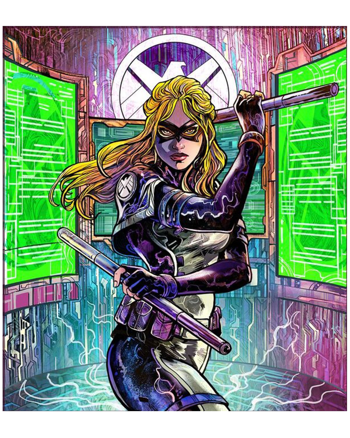 vinartwork, mockingbird (marvel), marvel, marvel snap, highres, official art, 1girl, bag, baton (weapon), black bodysuit, black mask, blonde hair, bodysuit, dynamic pose, fingerless gloves, gloves, green eyes, grey bodysuit, holding baton, holding baton (weapon), holographic interface, holographic monitor, holster, insignia, logo, long hair, mask, satchel, solo, staff, thigh holster, two-tone bodysuit, weapon, western comics (style)