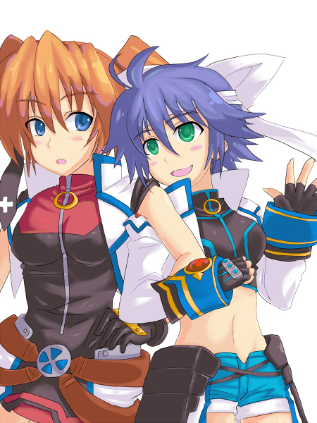 yude, subaru nakajima, teana lanster, lyrical nanoha, mahou shoujo lyrical nanoha, mahou shoujo lyrical nanoha strikers, 00s, blue eyes, fingerless gloves, gloves, green eyes, midriff, orange hair, purple hair, shorts
