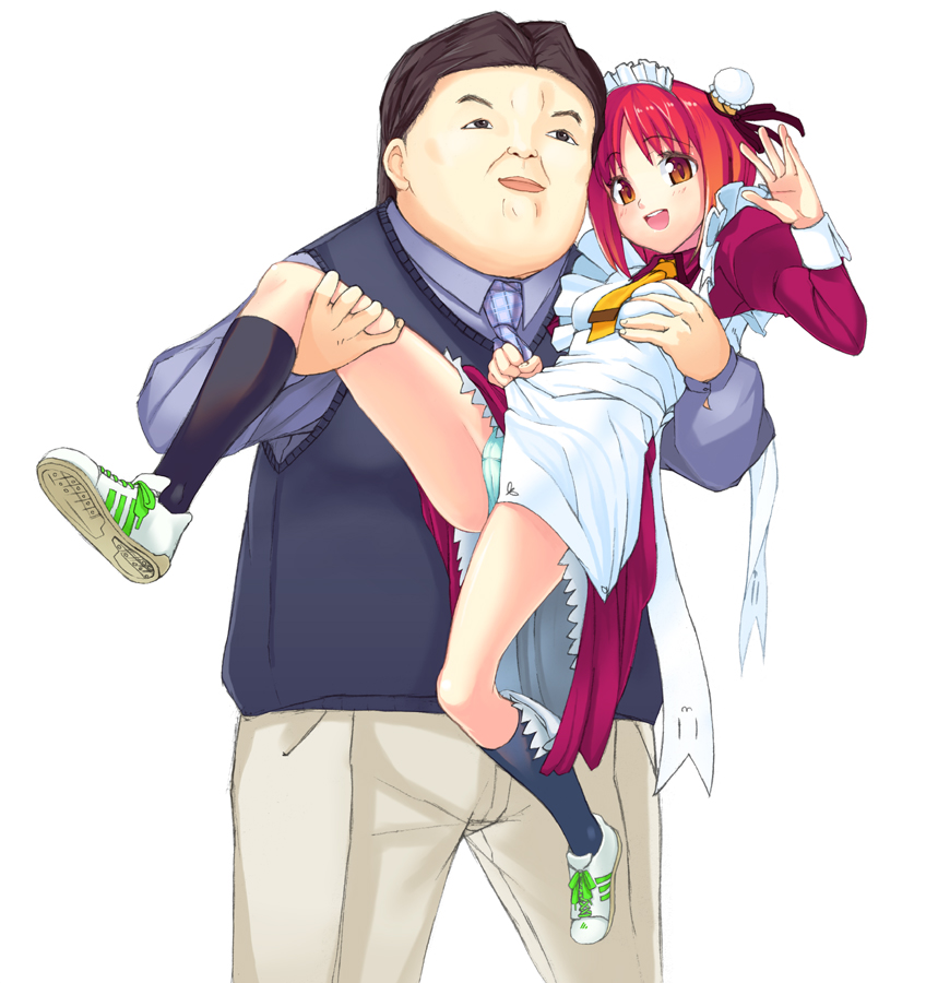 gin (ginshari), ijuuin hikaru, takeguchi nonomi, original, real life, 1boy, 1girl, animification, green panties, legs, maid, panties, red hair, underwear