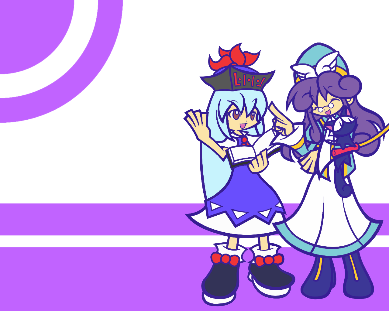 y&k, accord sensei, kamishirasawa keine, popoi (puyopuyo), compile, madou monogatari, puyopuyo, puyopuyo fever, team shanghai alice, touhou, 2girls, blue hair, book, brown eyes, cat, closed eyes, crossover, flat color, glasses, hat, multiple girls, parody, purple hair, style parody