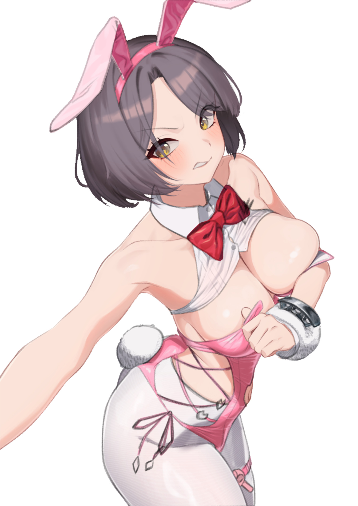 toho (ryu0227ryu0227), milk (blooming bunny) (nikke), milk (nikke), goddess of victory: nikke, highres, 1girl, animal ear hairband, animal ears, black hair, blush, bow, bowtie, breasts, cleavage, clothing cutout, fake animal ears, hairband, large breasts, leotard, looking at viewer, navel, navel cutout, official alternate costume, pantyhose, pink leotard, playboy bunny, rabbit ear hairband, rabbit ears, shiny skin, short hair, side-tie leotard, simple background, solo, standing, undersized breast cup, white background, white pantyhose, yellow eyes