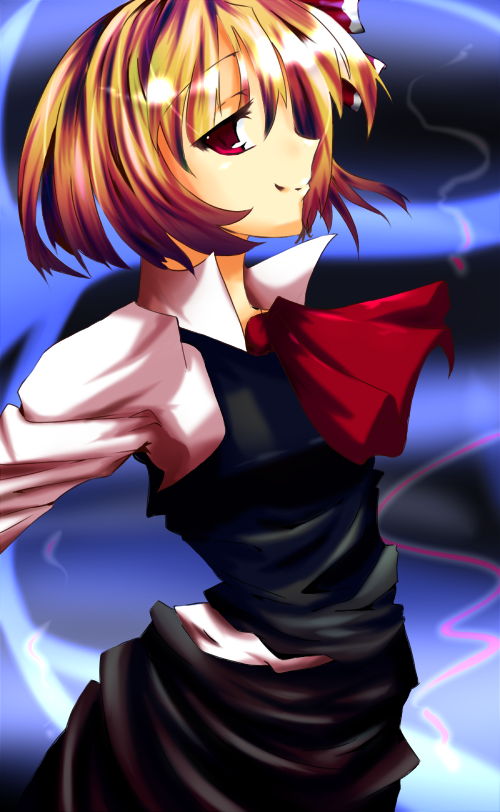 mukai nao, rumia, embodiment of scarlet devil, touhou, bad id, bad pixiv id, 1girl, blonde hair, female focus, red eyes, short hair, smile, solo, standing