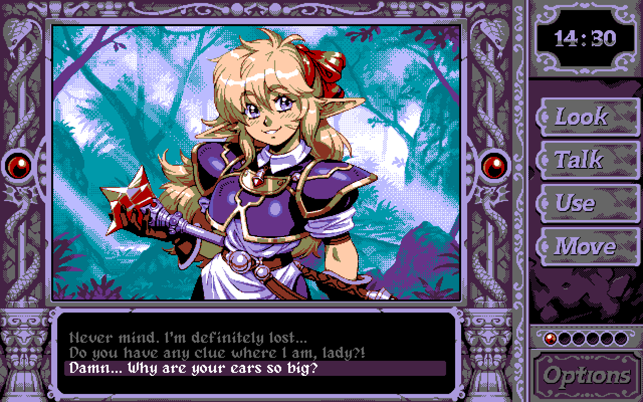 simon stafsnes andersen, original, 1girl, antenna hair, armor, bare tree, belt, blonde hair, blue armor, blue background, border, bow, brown belt, brown gloves, brown trim, collar, crystal weapon, elf, english text, forest, gloves, green border, grin, hair between eyes, hair bow, holding, holding behind back, holding mace, holding weapon, jewelry, light rays, long hair, mace, nature, pc-98 (style), pendant, pixel art, pointy ears, purple eyes, red bow, retro artstyle, shirt, short sleeves, shoulder pads, smile, solo, swept bangs, tree, upper body, weapon, white collar, white shirt