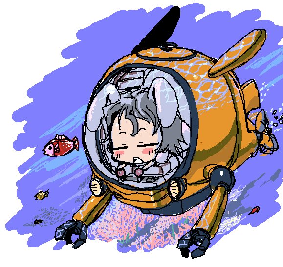 baku taso, itigekimaru, inaba tewi, touhou, 1girl, animal ears, chibi, female focus, rabbit ears, solo, submarine, underwater, watercraft