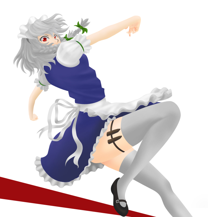 takon34, izayoi sakuya, touhou, 1girl, braid, female focus, maid, red eyes, solo, thighhighs, white hair