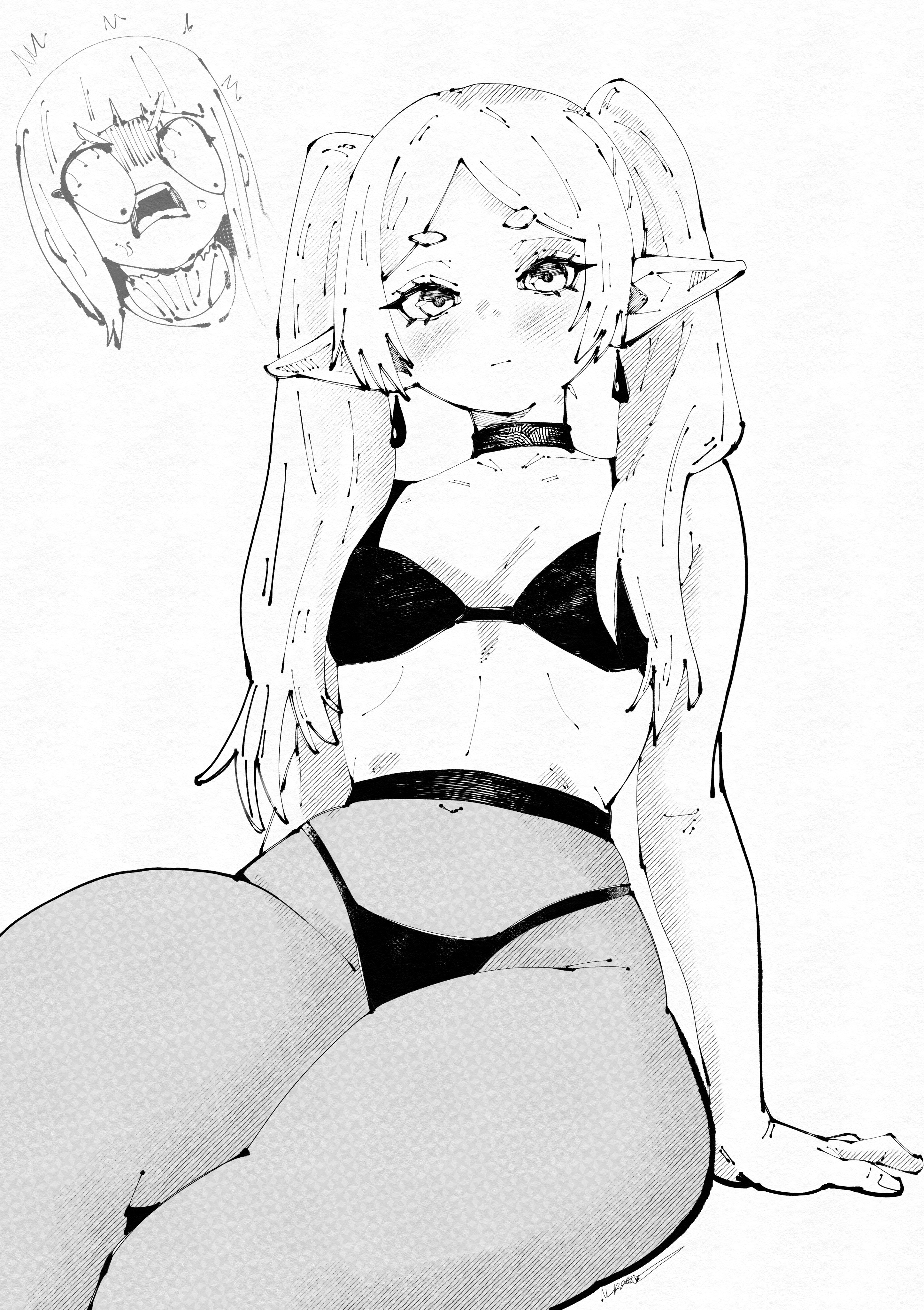 miregeist, fern (sousou no frieren), frieren, sousou no frieren, absurdres, highres, 2girls, alternate costume, bra, breasts, bulging eyes, closed mouth, earrings, elf, greyscale, jewelry, looking at viewer, monochrome, multiple girls, panties, panties under pantyhose, pantyhose, pointy ears, small breasts, twintails, underwear