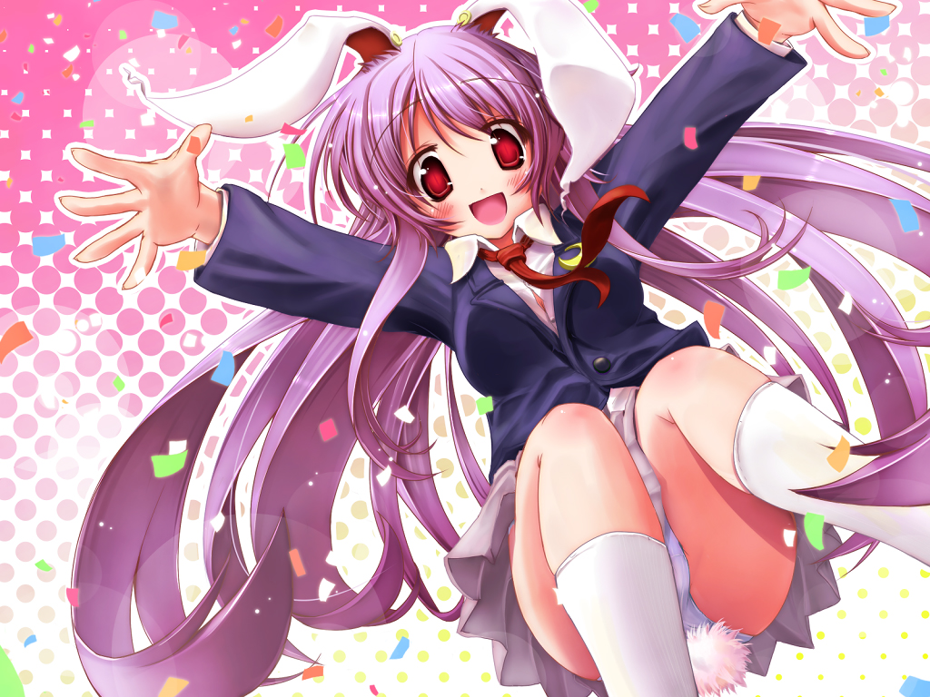 scarlet (studioscr), reisen udongein inaba, touhou, bad id, bad pixiv id, 1girl, animal ears, blush, female focus, kneehighs, long hair, necktie, panties, pantyshot, purple hair, rabbit ears, rabbit girl, rabbit tail, red eyes, red necktie, smile, socks, solo, tail, underwear, very long hair